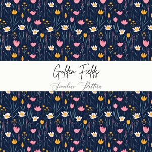 Motivo floreale senza soluzione di continuità Golden Fields - Sfondo blu scuro con fiori di campo, carta digitale per scrapbooking, confezioni regalo e decorazioni per la cameretta dei bambini