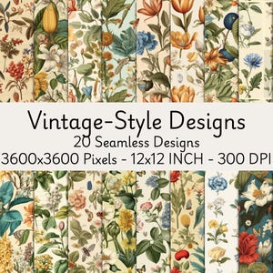 Old Botanical Illustrations Seamless Digital Papers | Vintage Floral Patterns | Printable Antique Backgrounds | Commercial Use, Printable