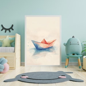 Impressão de barco de papel em aquarela: arte de origami vermelho e azul (download digital)