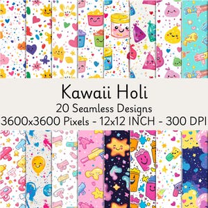 Kawaii Holi Digital Patterns: 20 Seamless Festive Designs (PNG)