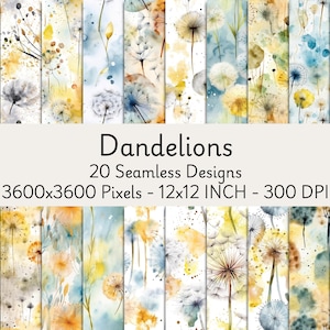 Dandelion Seamless Digital Papers | Delicate Floral Patterns | Printable Nature Backgrounds for Scrapbooking | Commercial Use, Printable