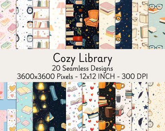 20 Cozy Library Seamless Patterns – Book-Themed Digital Papers, Vintage Reading Backgrounds for Scrapbooking & Crafts