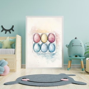 Nursery Wall Art – Pastel Egg Carton Minimal Kitchen Decor, Soft Easter Printable, Farmhouse Digital Download, Watercolor Food Illustration