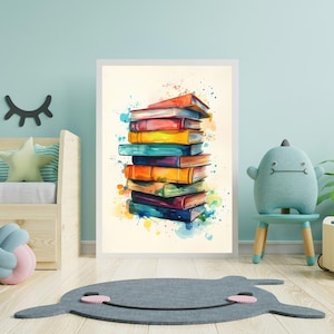 Nursery Wall Art Colorful Book Stack Watercolor Print | Reading Corner Poster | Library Kids Room Decor | Educational Art, Digital Download