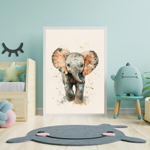 Kinderzimmer Wandkunst - Baby Elefant Aquarell Druck, Dschungel Safari Tier Dekor, Sofort Download für Babyzimmer, digitale Zeichnung