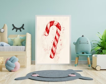 Nursery Wall Decor – Watercolor Candy Cane Christmas Print | Red Holiday Wall Art | Kids Room Festive Digital Download | Seasonal Poster