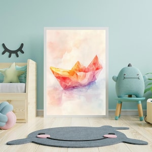 Impressão geométrica de barco de papel: arte de origami em aquarela (download digital)