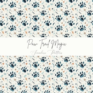 Watercolor Paw Print Seamless Pattern: Navy Doodle Pet Fabric (PNG Digital Paper 12x12in