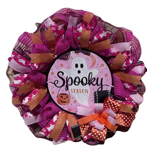 Spooky Halloween Wreath-Pink Ghost Boo Wreath with Orange Ribbons-Front Door Halloween Decor-Handmade Fall Decoration