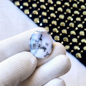 Puede incluir: Gema ovalada blanca con inclusiones dendríticas negras. La piedra pulida se sostiene en una mano enguantada de blanco, con una tela estampada en azul oscuro y dorado en el fondo. La gema tiene una cualidad translúcida.