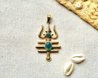 Tribal Trishul Pendant with Green onyx  Stone – Brass Shiva Trident Jewelry, Shiva's Trishul, Brass Charms for Macrame and Jewelry Making.