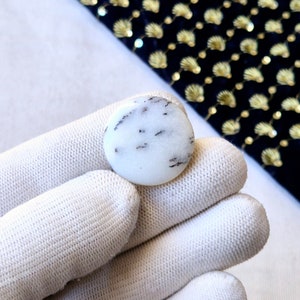 Puede incluir: Una piedra preciosa blanca en cabujón con inclusiones dendríticas negras. La piedra es redonda y tiene una superficie lisa y pulida.