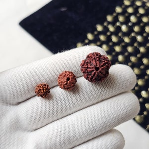 May include: Three brown, round beads with a textured surface. The beads are different sizes and are arranged in a row on a white surface.