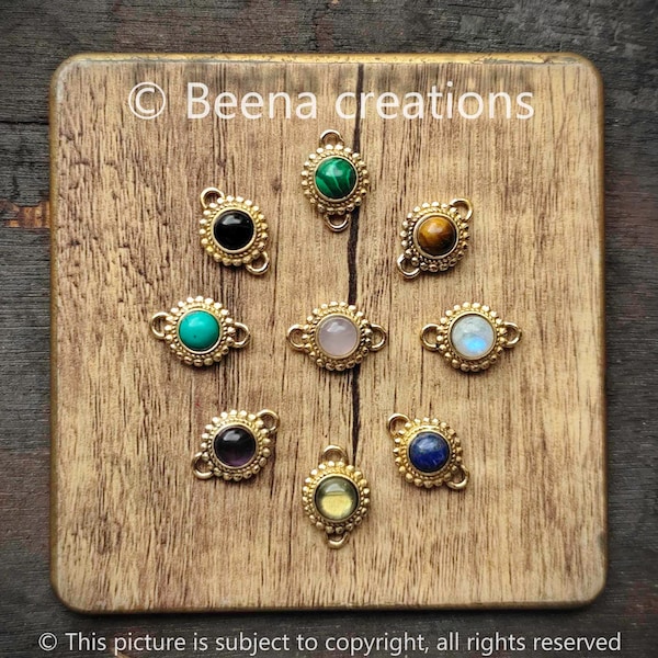19x13mm Brass connector, Natural Round stone with Brass frame for macrame jewelry making, Stone with groove for macrame
