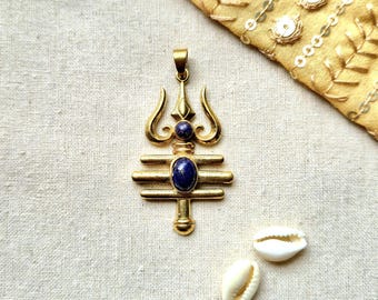 Tribal Trishul Pendant with Lapis Stone – Brass Shiva Trident Jewelry, Shiva's Trishul, Brass Charms for Macrame and Jewelry Making.