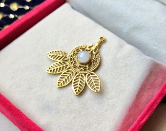 44mm Leaf Drop Brass Charm with Moonstone for Micro Macrame Jewelry Making, Brass Charms for Macrame and Jewelry Making, SC81