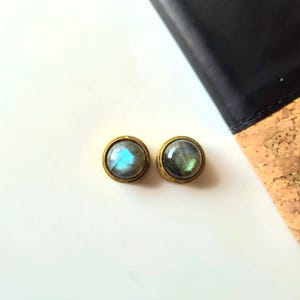15mm - 2 pieces of Labradorite Brass Framed Grooved Stone Connector – Round 15mm Natural Gemstone Component GV132.3