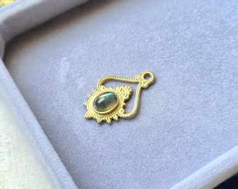 24mm Ornate teardrop brass charm with Labradorite center tribal golden micro macrame pendant for jewelry making, SC73