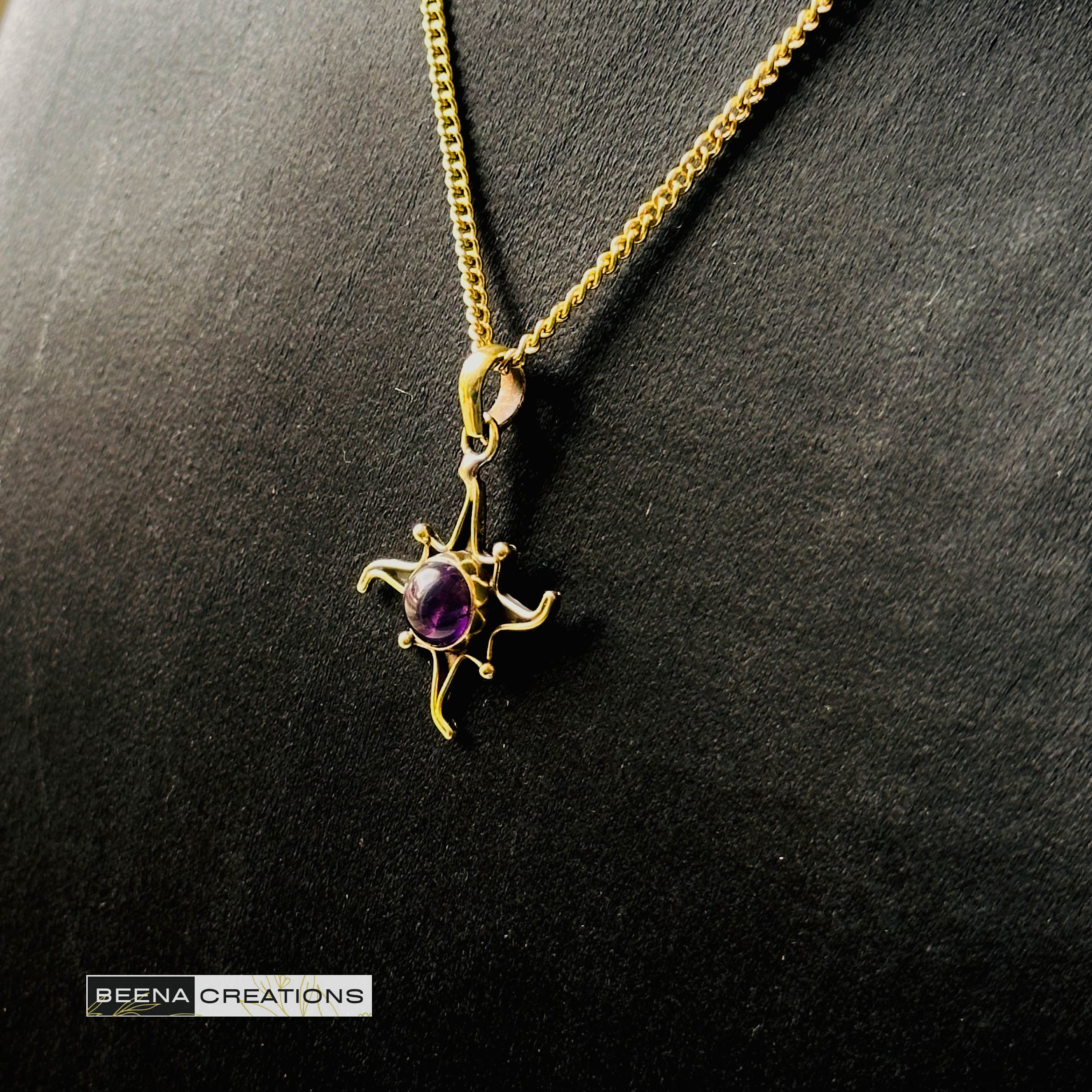 美しいアメジスト真鍮ネックレス、真鍮ペンダント、ボヘミアン