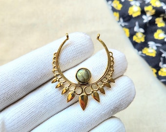 45mm Labradorite Stone Brass Charm – Antique Macrame Pendant for Jewelry Making, Brass Charms for Macrame and Jewelry Making, SC71