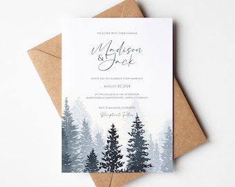Blue Wedding Invitation Digital Download - Personalized - Pine Trees Forest Watercolor - Earthy Organic Minimalist, Editable Custom Template