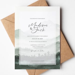 Mountain Wedding Invitation Template Download - From Original Watercolor Painting - Earthy Organic Sage Green - Custom Personalized Digital