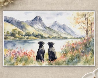 Two Black Labradors Watercolour Print, Lake & Mountain Landscape Wall Art, Fine Art Giclée Poster, Pet Memorial Gift