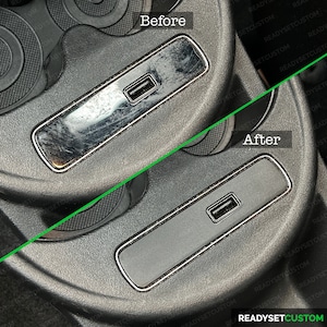 May include: Before and after images of a car's interior trim. The trim is black and has a USB port. The before image shows the trim with scratches and dirt. The after image shows the trim clean and free of scratches.
