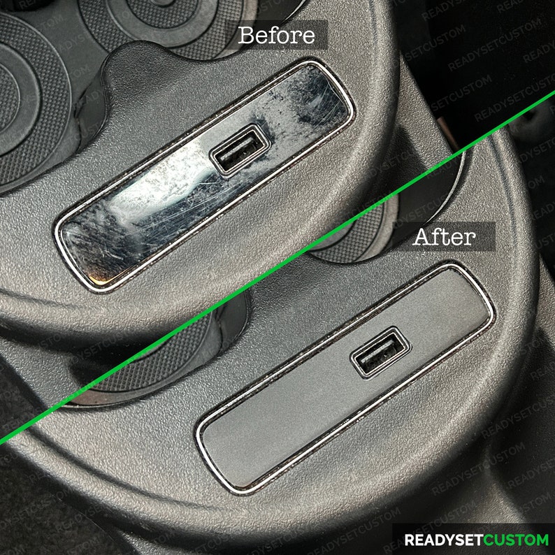 May include: Before and after images of a car's interior trim. The trim is black and has a USB port. The before image shows the trim with scratches and dirt. The after image shows the trim clean and free of scratches.
