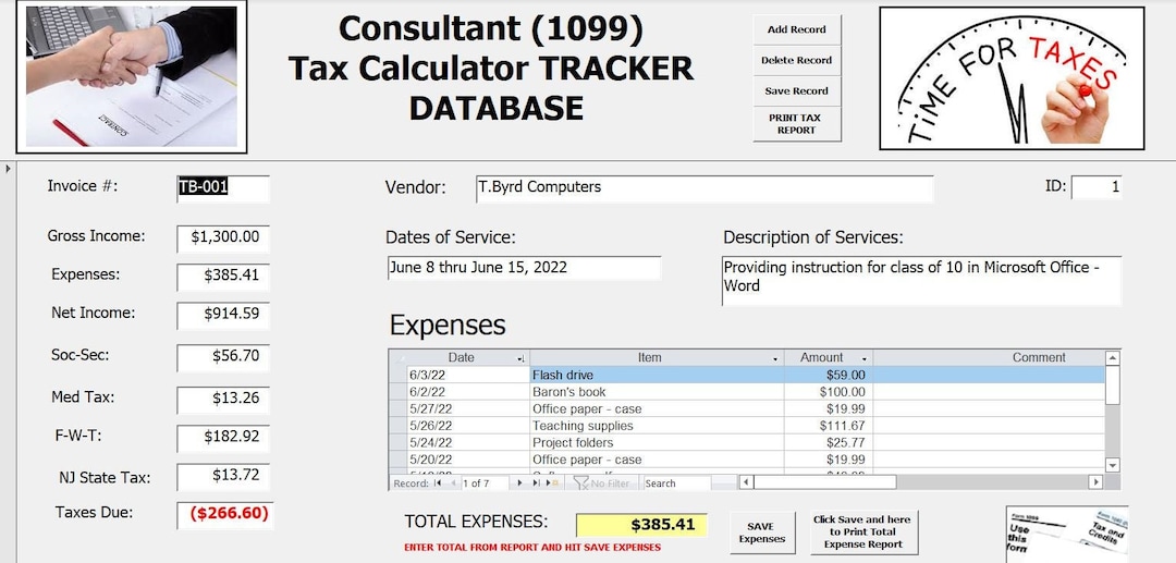 1099 Tax Deduction Calculator EXPENSE Tracker Database Etsy