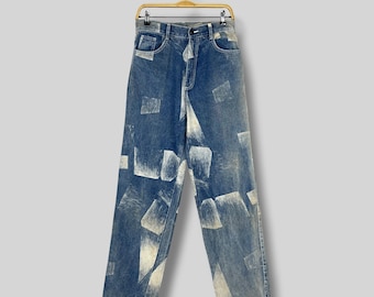 Jeans vintage anni '90 FAN con stampa grafica astratta, taglia XL / Denim a gamba larga con motivo geometrico effetto sbiancato / Pantaloni asimmetrici streetwear grunge
