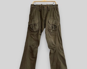 Size 32 Vintage Distressed Edwin Japanese Twisted Cargo Pant Olive Green Streetwear Bootcut Flare Legs Multi Pockets Utility Pants W32 L30