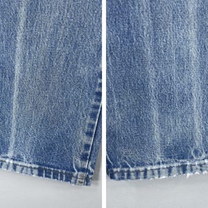 Pu&ograve; includere: Primo piano del bordo inferiore di un paio di jeans blu chiaro. I jeans hanno un aspetto consumato e sono sfilacciati sul bordo.
