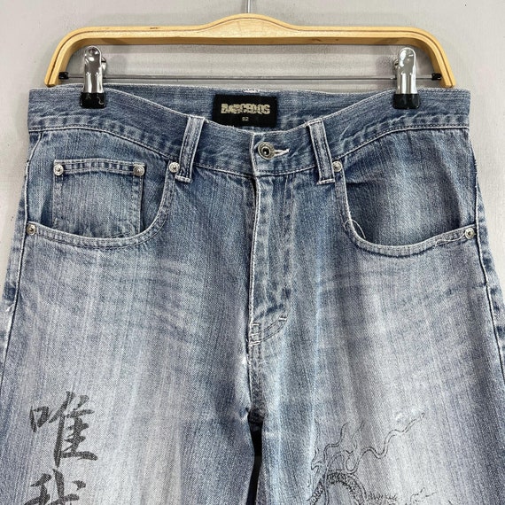 W31 L29 Vintage Barcedos Sukajan Distressed Jeans Japanese Sukajan Dragon Regular Fit Medium Wash Denim Sukajan Knee Ripped Jeans Size 31 - Australia