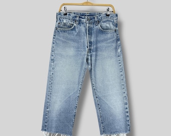 Vintage 90's Levis 501 Bella Dahl Distressed Jeans / High Rise Light Blue Wash Denim / Button Fly Frayed Hem Crop Jeans Women Size 31