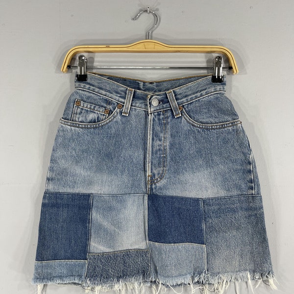 Size 24 Vintage Levis 501 Distressed Denim Skirt Levis 80s Orange Tab Reconstruct Custom Jeans Skirt Frayed Hem Button Fly Made In Usa W24