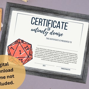 Certidão de Óbito de Personagem DnD | Acessório de Dungeons and Dragons | Acessórios para Mestre de Masmorras | Presente do jogador da ficha de personagem | D&D para impressão