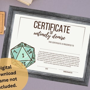Certidão de Óbito de Personagem DnD | Acessório de Dungeons and Dragons | Acessórios para Mestre de Masmorras | Presente do jogador da ficha de personagem | D&D para impressão