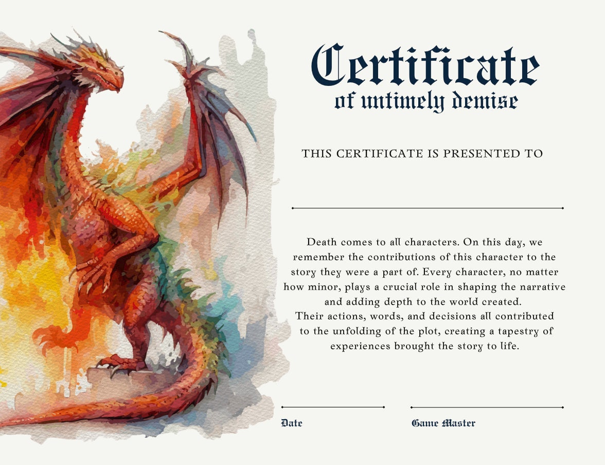 Dnd Character Death Certificate Dungeons and Dragons Accessory Dungeon