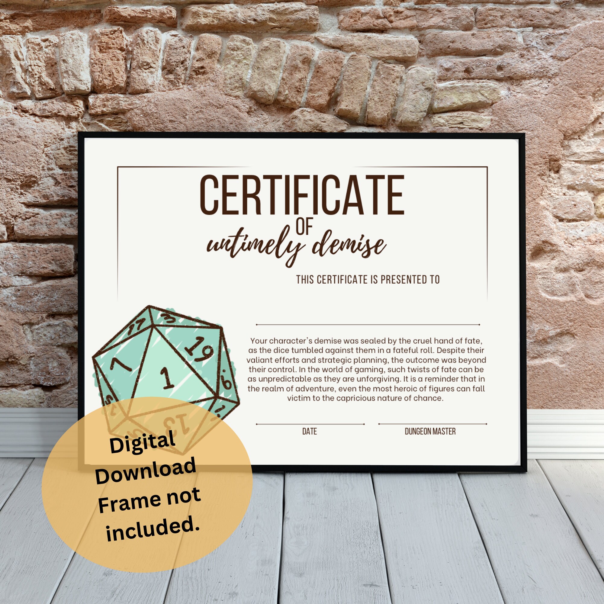 Dnd Character Death Certificate Dungeons and Dragons Accessory Dungeon