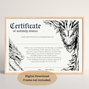 Certidão de Óbito de Personagem DnD | Acessório de Dungeons and Dragons | Acessórios para Mestre de Masmorras | Presente do jogador da ficha de personagem | D&D para impressão