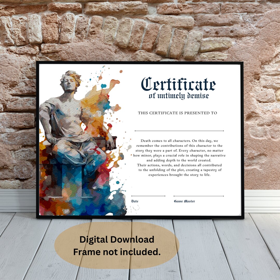 Dnd Character Death Certificate Dungeons and Dragons Accessory Dungeon