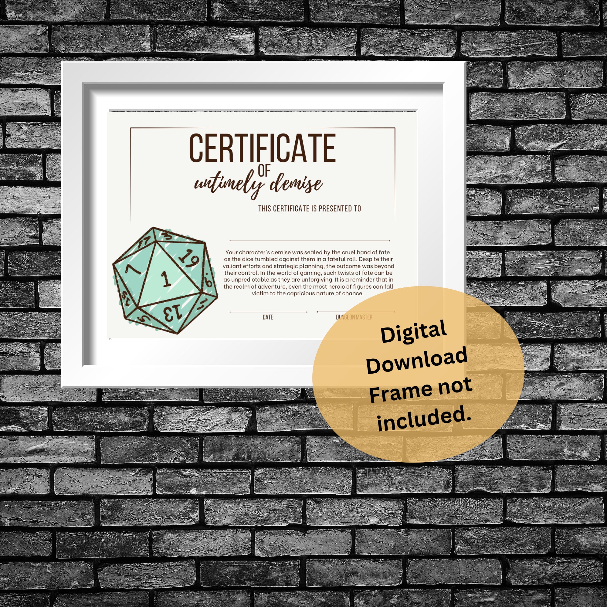 Dnd Character Death Certificate Dungeons and Dragons Accessory Dungeon