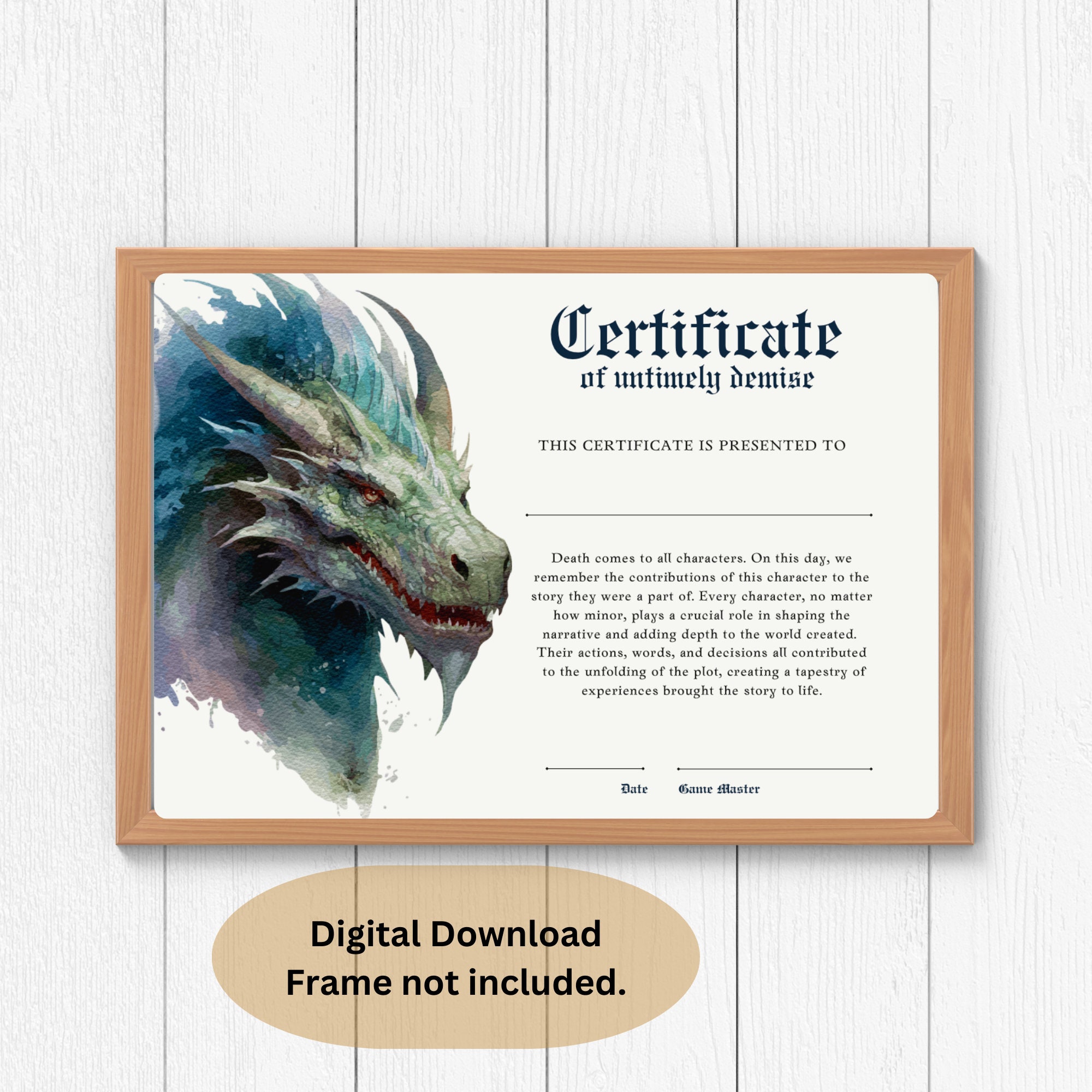 Dnd Character Death Certificate Dungeons and Dragons Accessory Dungeon