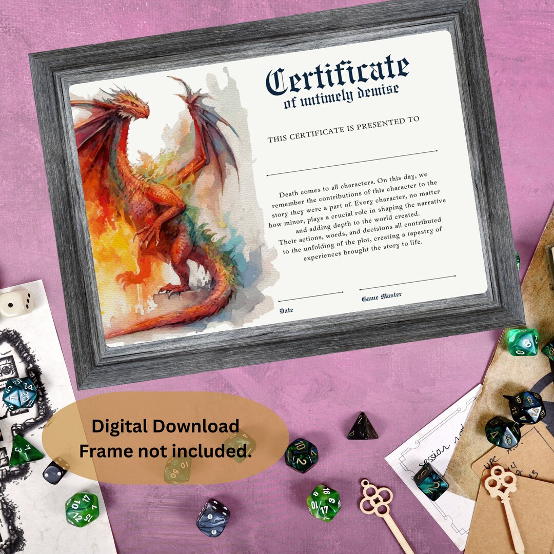 Dnd Character Death Certificate Dungeons and Dragons Accessory Dungeon