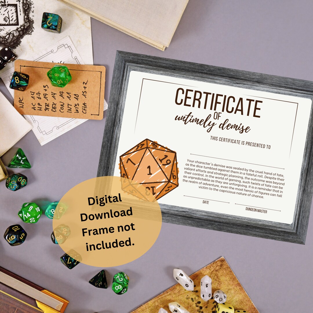 Dnd Character Death Certificate Dungeons and Dragons Accessory Dungeon