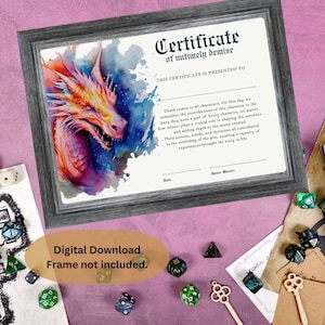 Certidão de Óbito de Personagem DnD | Acessório de Dungeons and Dragons | Acessórios para Mestre de Masmorras | Presente do jogador da ficha de personagem | D&D para impressão