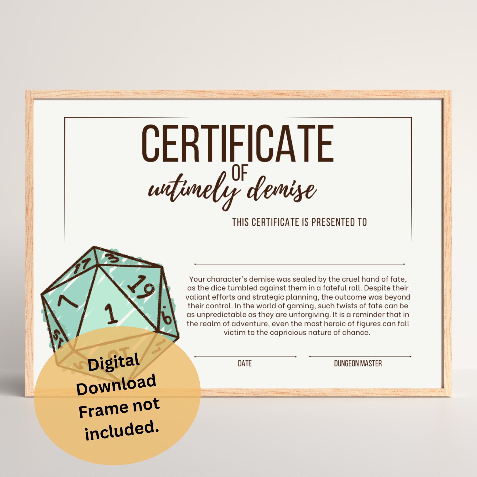 Dnd Character Death Certificate Dungeons and Dragons Accessory Dungeon