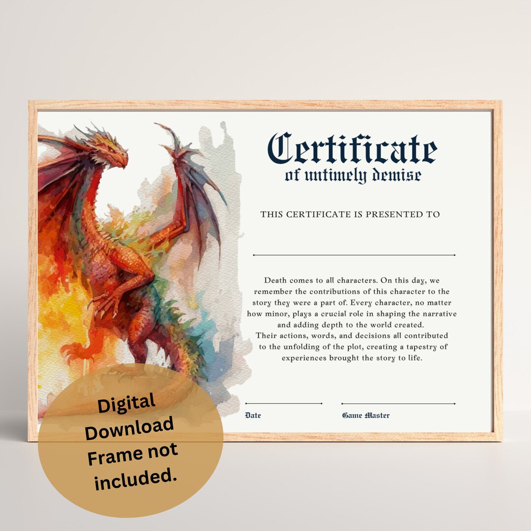 Dnd Character Death Certificate Dungeons and Dragons Accessory Dungeon