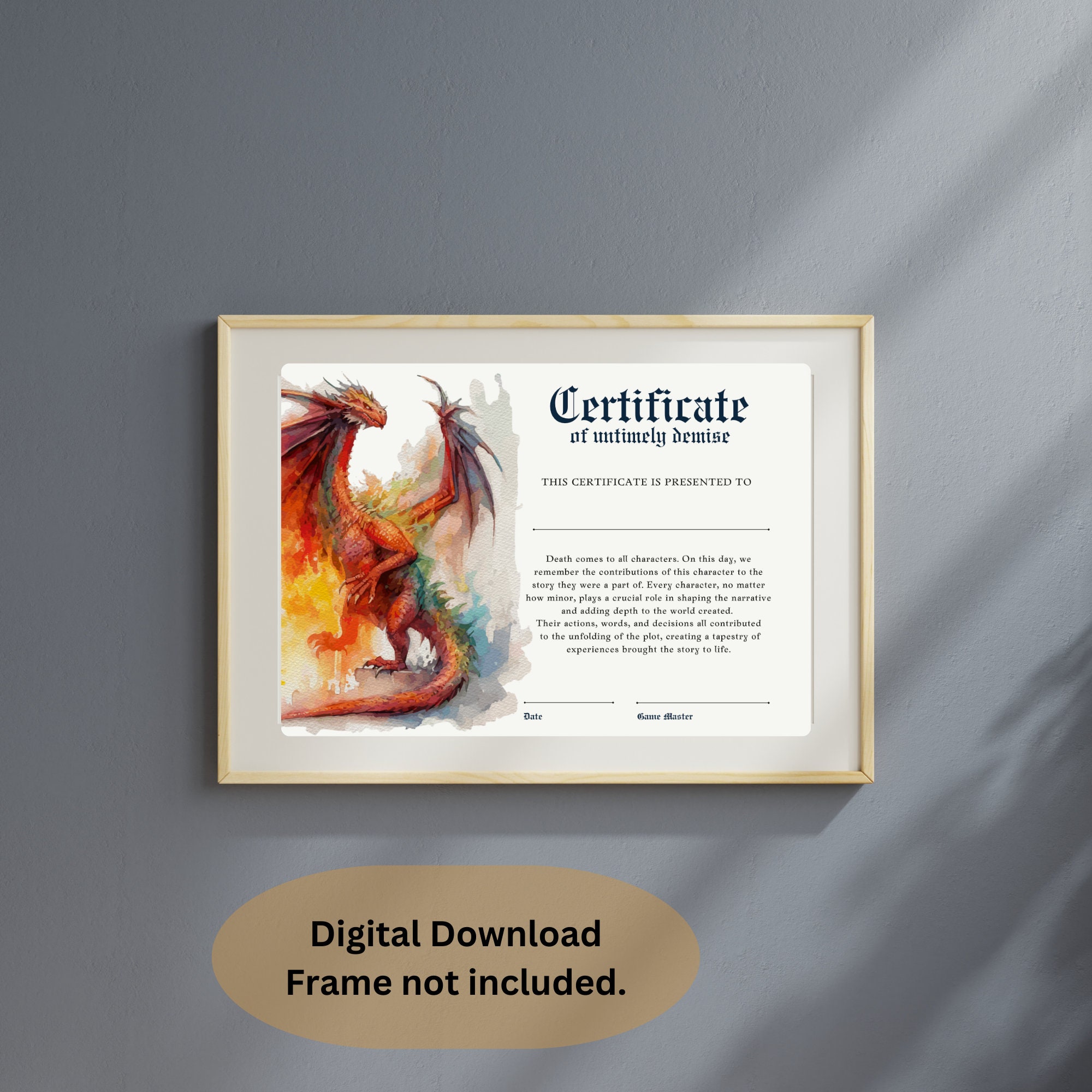 Dnd Character Death Certificate Dungeons and Dragons Accessory Dungeon